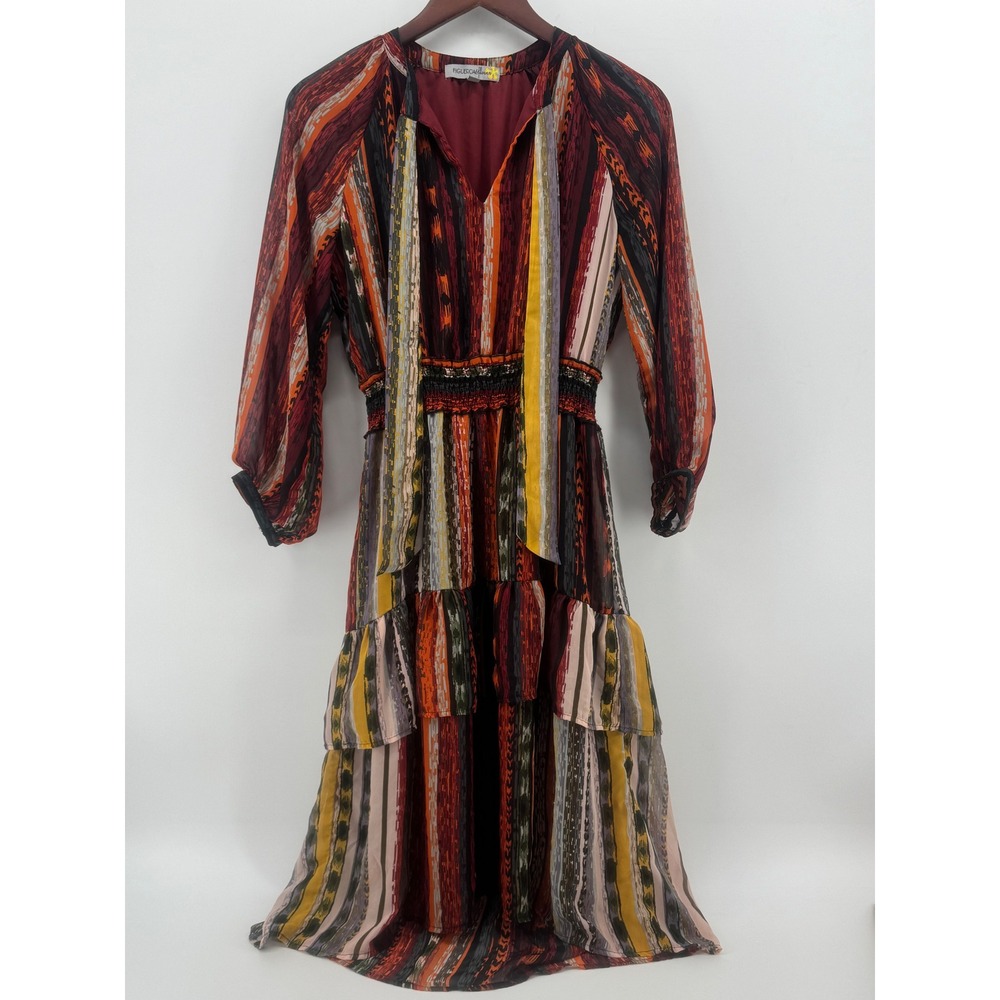 FIGUEROA & FLOWER Boho Maxi Dress Tribal Stripe Tiered Tie Neck Long Sleeve M
